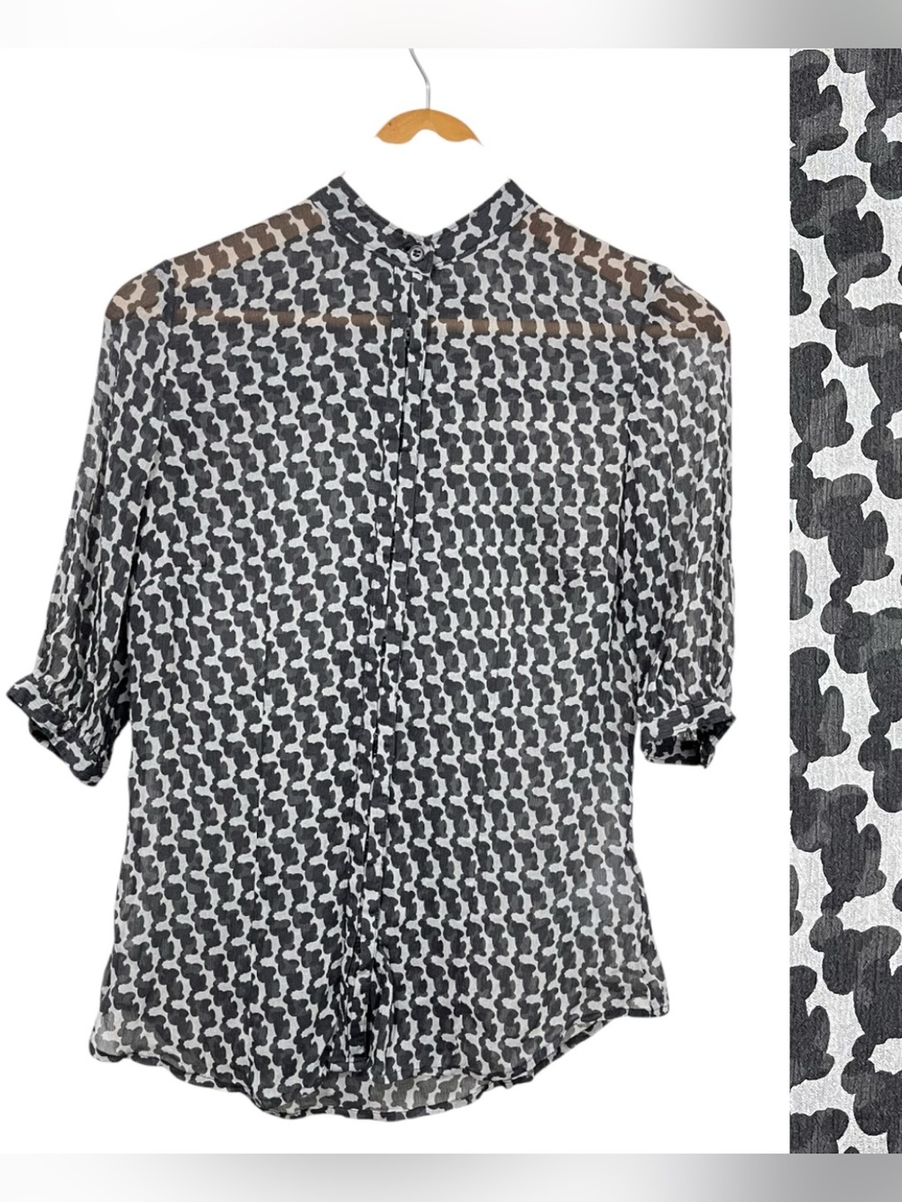 Club Monaco 100% Silk Grey and White Patterned Sheer Button Front Blouse